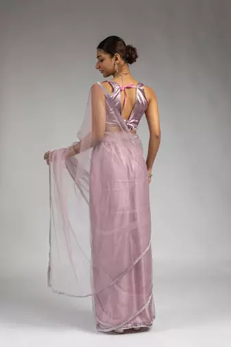 pre draped lavender designer net saree