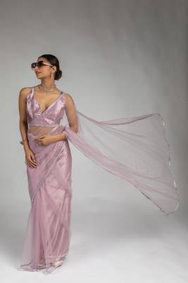 pre draped lavender designer net saree 4