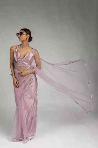pre draped lavender designer net saree