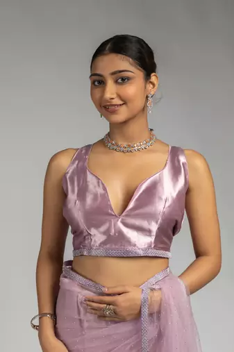pre draped lavender designer net saree