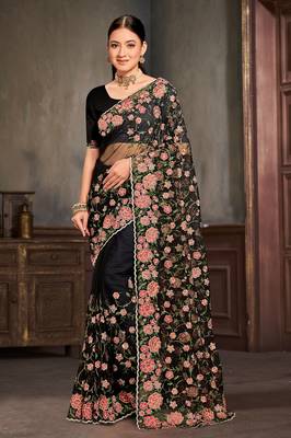 Designer black resham zari embroidery work net saree 1