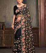 Designer black resham zari embroidery work net saree