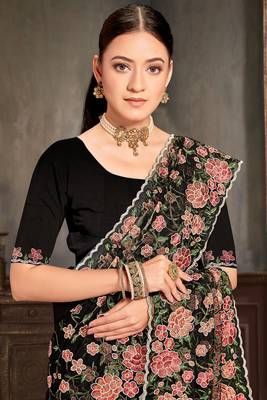 Designer black resham zari embroidery work net saree 2