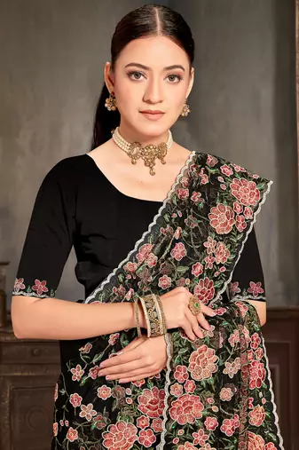 Designer black resham zari embroidery work net saree