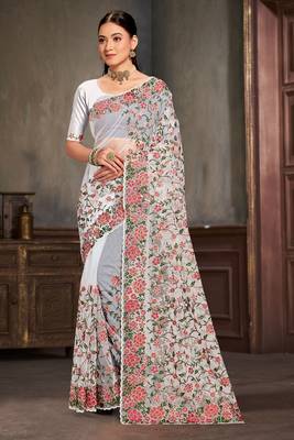 Designer white resham zari embroidery work net saree 1