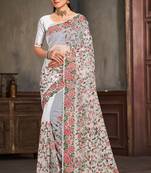 Designer white resham zari embroidery work net saree