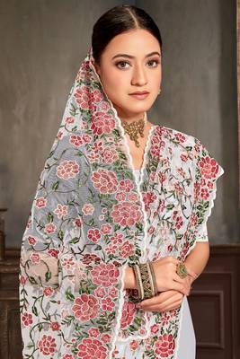 Designer white resham zari embroidery work net saree 2