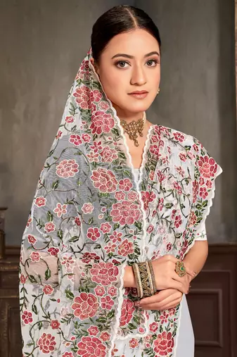 Designer white resham zari embroidery work net saree