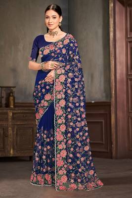 Designer navy blue resham zari embroidery work net saree 1