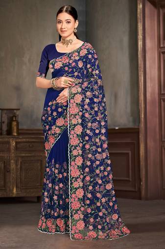 Designer navy blue resham zari embroidery work net saree