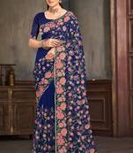 Designer navy blue resham zari embroidery work net saree