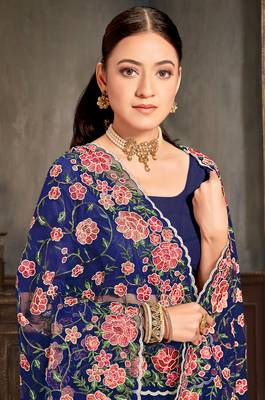 Designer navy blue resham zari embroidery work net saree 2