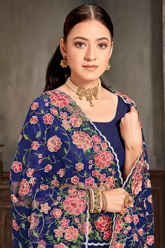 Designer navy blue resham zari embroidery work net saree