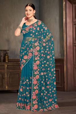 Designer teal blue resham zari embroidery work net saree 1