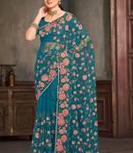 Designer teal blue resham zari embroidery work net saree