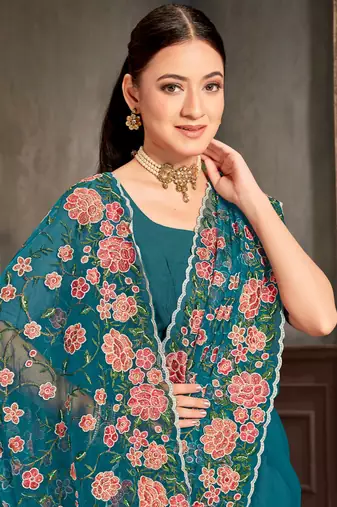 Designer teal blue resham zari embroidery work net saree