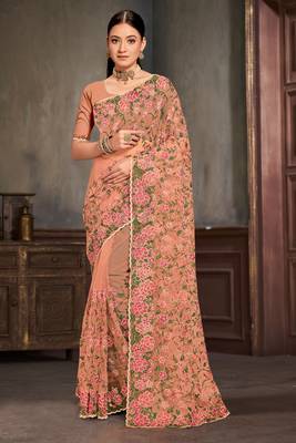 Designer dusty peach resham zari embroidery work net saree 1