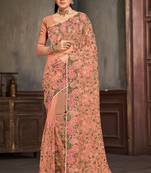 Designer dusty peach resham zari embroidery work net saree