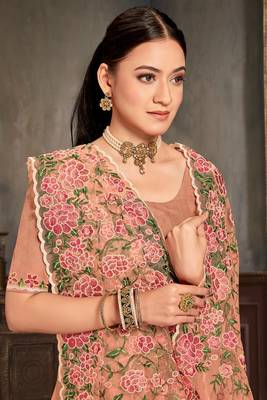 Designer dusty peach resham zari embroidery work net saree 2