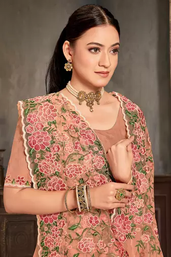 Designer dusty peach resham zari embroidery work net saree