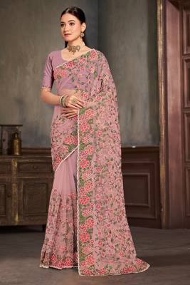 Designer lavender resham zari embroidery work net saree 1