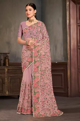 Designer lavender resham zari embroidery work net saree