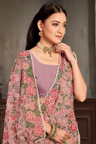 Designer lavender resham zari embroidery work net saree