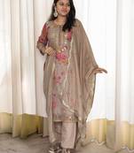 Brown Georgette Embroidery With Stone Work on Digital Print Set of 3