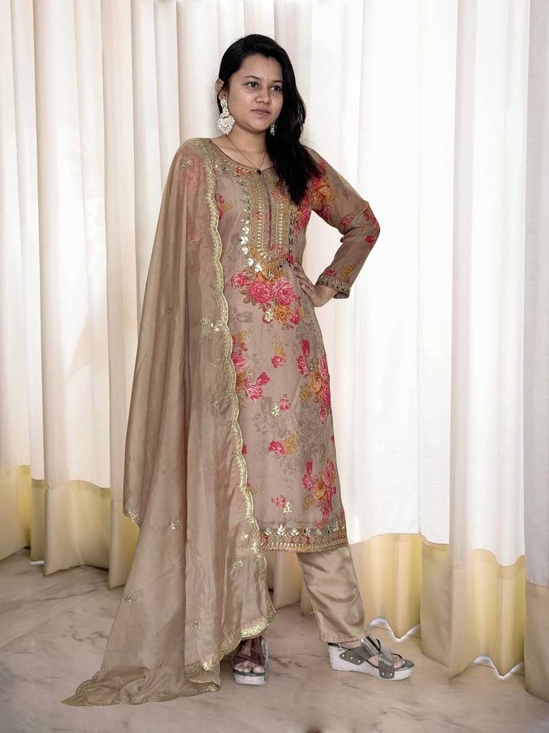 Brown Georgette Embroidery With Stone Work on Digital Print Set of 3