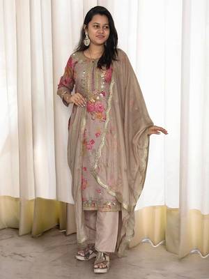 Brown Georgette Embroidery With Stone Work on Digital Print Set of 3 3