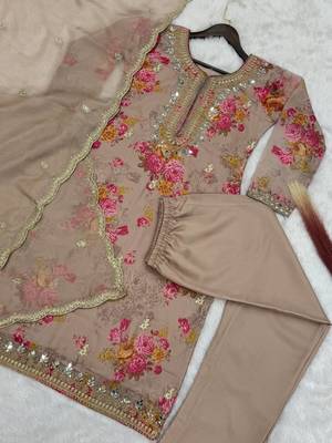 Brown Georgette Embroidery With Stone Work on Digital Print Set of 3 4