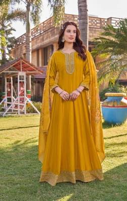 Yellow heavy silk free size embroidered anarkali gown with floral dupatta 1