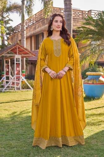 Yellow heavy silk free size embroidered anarkali gown with floral dupatta