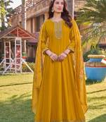 Yellow heavy silk free size embroidered anarkali gown with floral dupatta