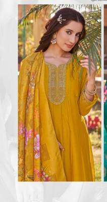 Yellow heavy silk free size embroidered anarkali gown with floral dupatta 2