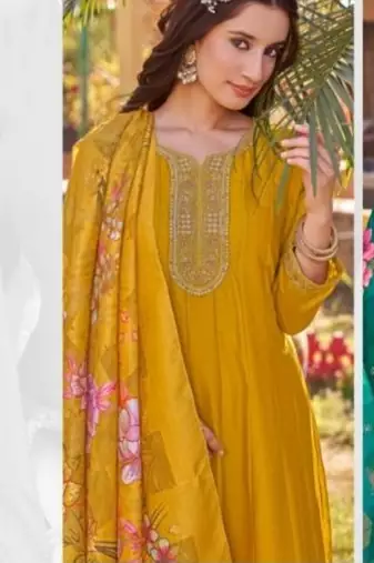 Yellow heavy silk free size embroidered anarkali gown with floral dupatta