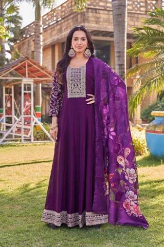Dark purple heavy silk free size embroidered anarkali gown with floral dupatta