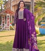 Dark purple heavy silk free size embroidered anarkali gown with floral dupatta