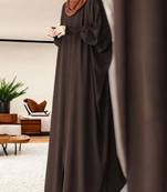 Brown front open kaftan abaya in firdaus with full zipper and smocky sleeves