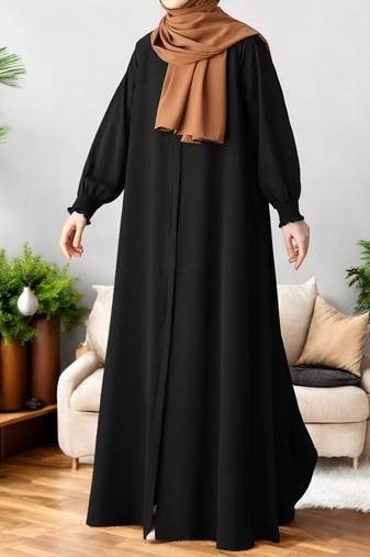 Black front open abaya with zipper opening umbrella flare and matching belt