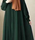Bottle green front open abaya with zipper opening umbrella flare and matching belt