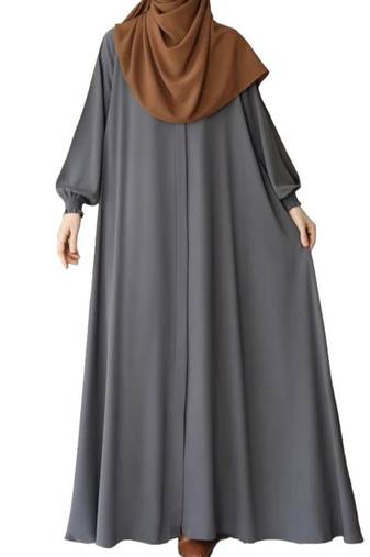 Grey front open abaya with zipper opening umbrella flare and matching belt