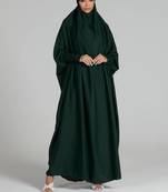 Green one piece jilbab in firdaus with smocky sleeves and attached mouthpiece
