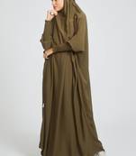Olive one piece jilbab in firdaus with smocky sleeves and attached mouthpiece