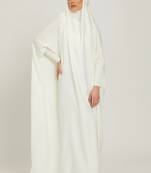 White one piece jilbab in firdaus with smocky sleeves and attached mouthpiece