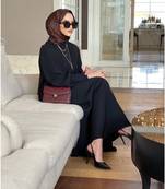 Black simple yet abaya in premium praada with cuff sleeves and matching belt