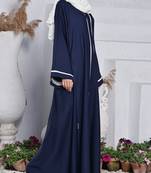 Navy blue front open abaya in premium with contrast panels, pockets, and white hijab