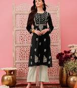 Hand embroidered black cotton lucknowi chikankari straight kurta