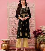Hand embroidered black cotton lucknowi chikankari straight kurta