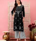 Hand embroidered black cotton lucknowi chikankari straight kurta